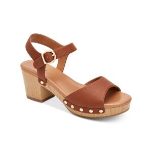 Women's Tan Leather-Look Platform Sandal with Stud Accents